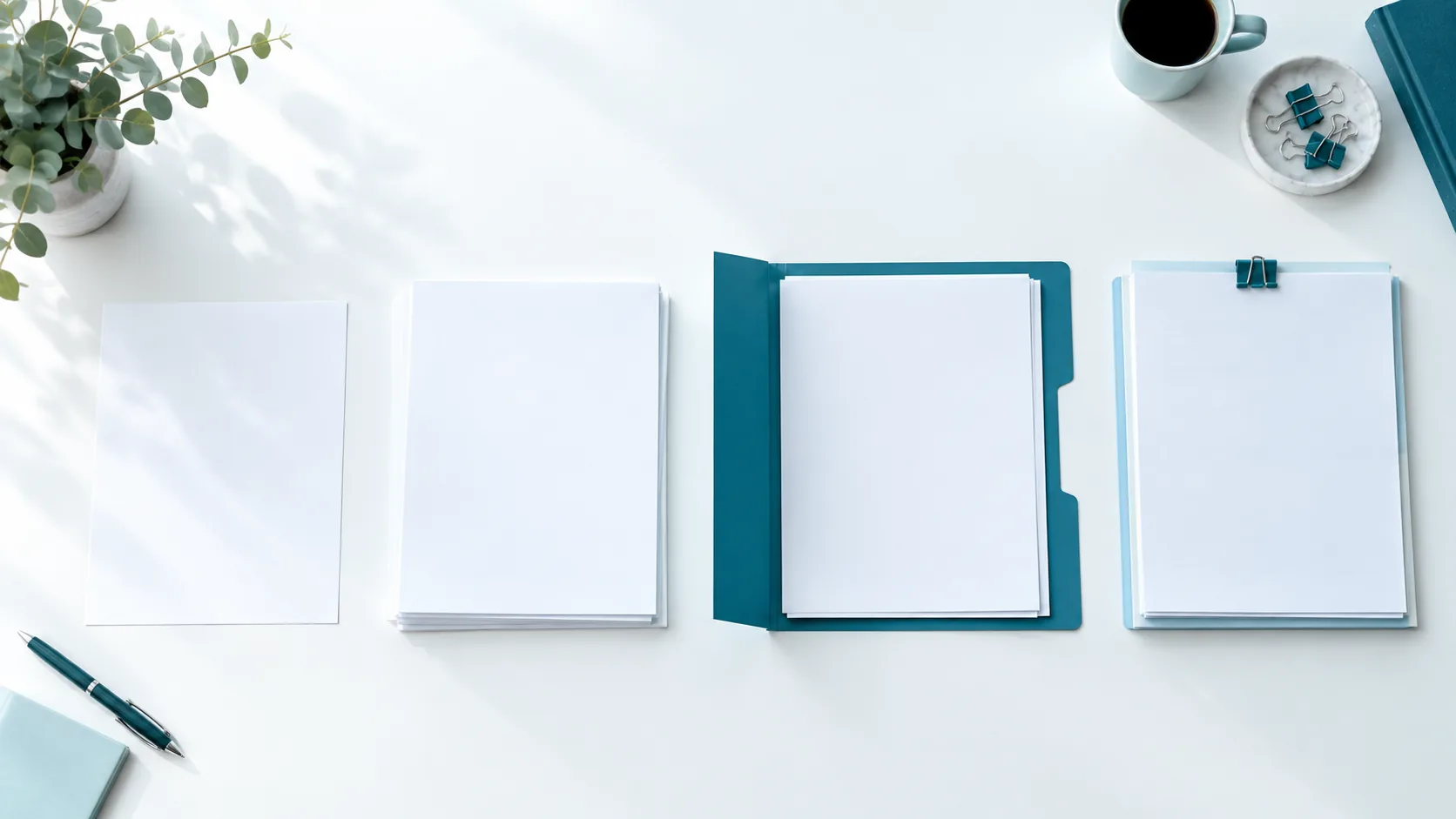 A wide row of four document stations on a white surface: a single blank sheet, a small stack, an open teal folder of pages and a tidy finished packet.