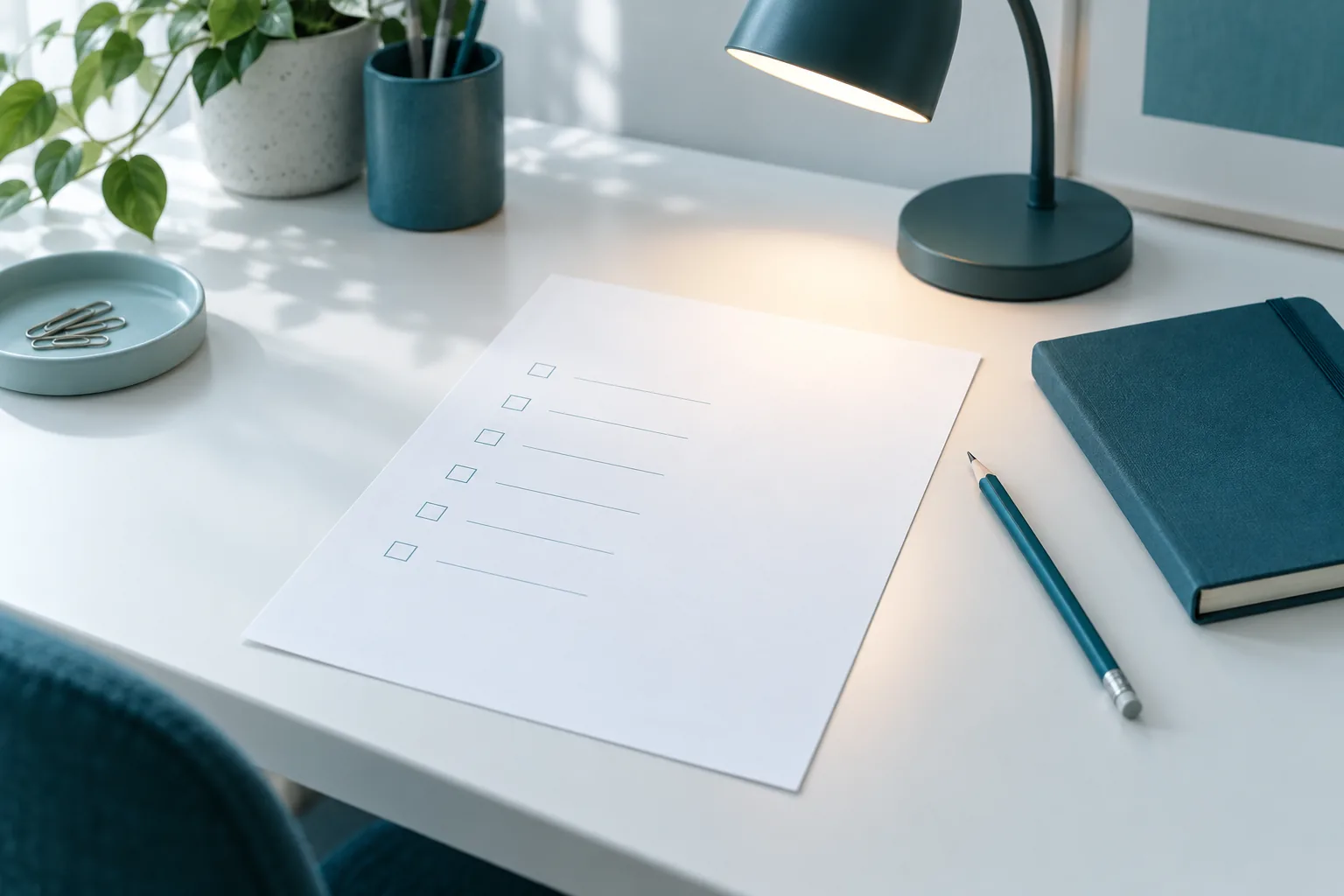A lit desk lamp over a form with empty checkboxes beside a notebook and a pencil on a white desk.