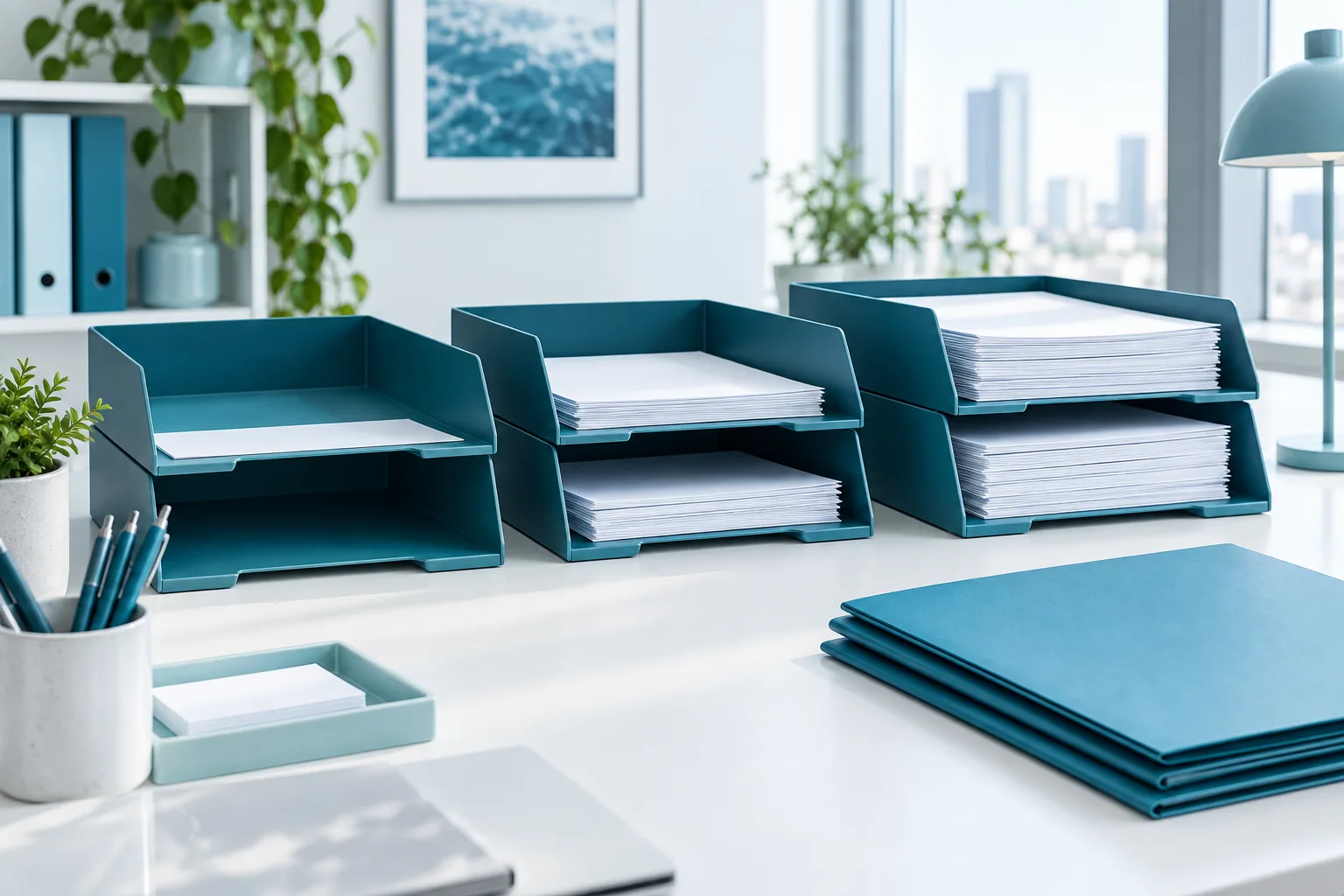 Slim teal folders and document trays filling with stacks of blank paper on a white desk.