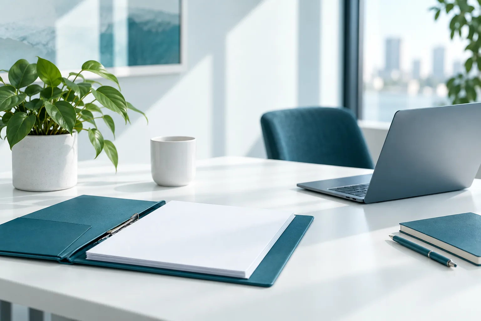 An open folder of blank pages on a white desk with a small plant, a cup and an open laptop.