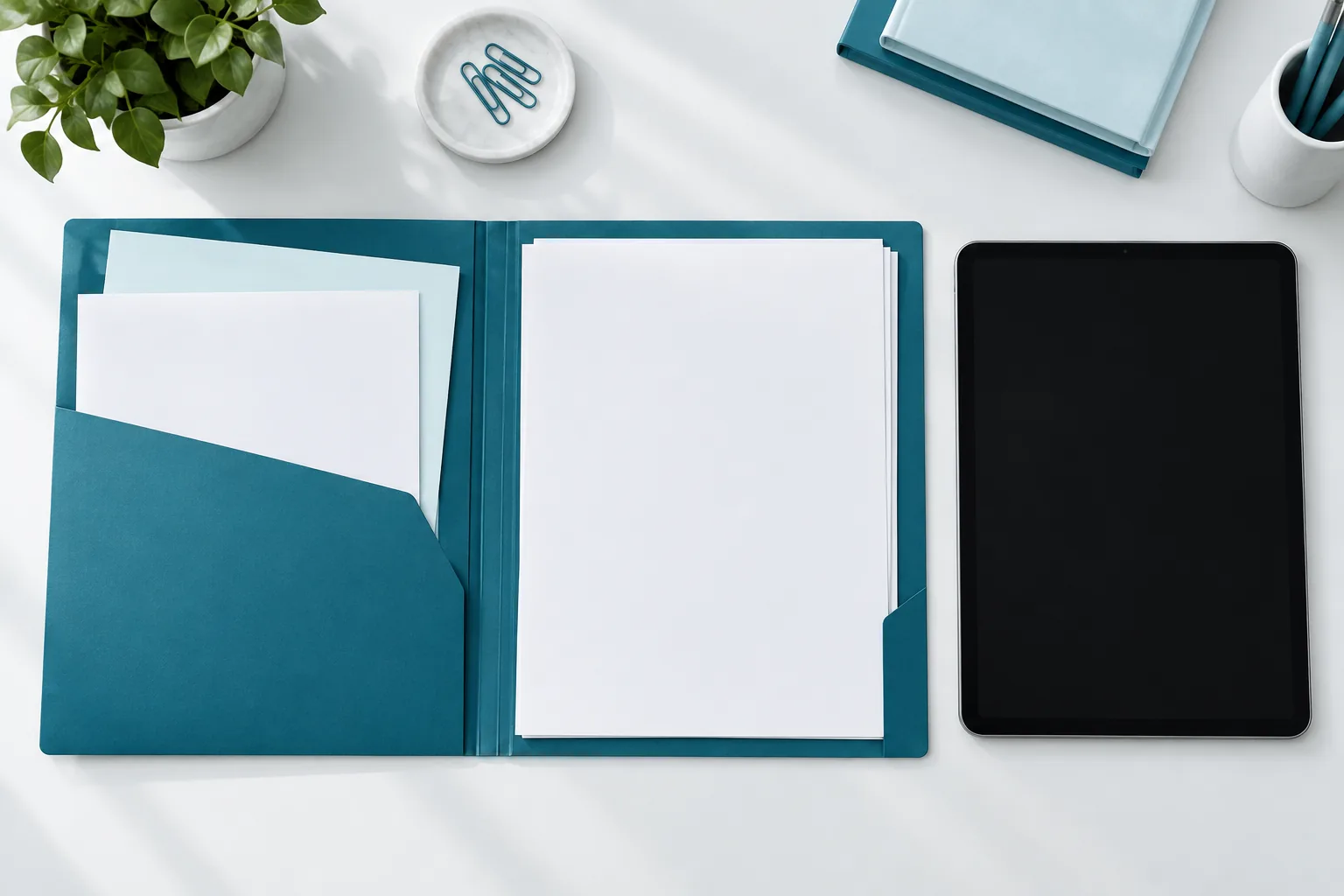 An open teal folder holding a stack of blank pages next to a tablet on a white desk.