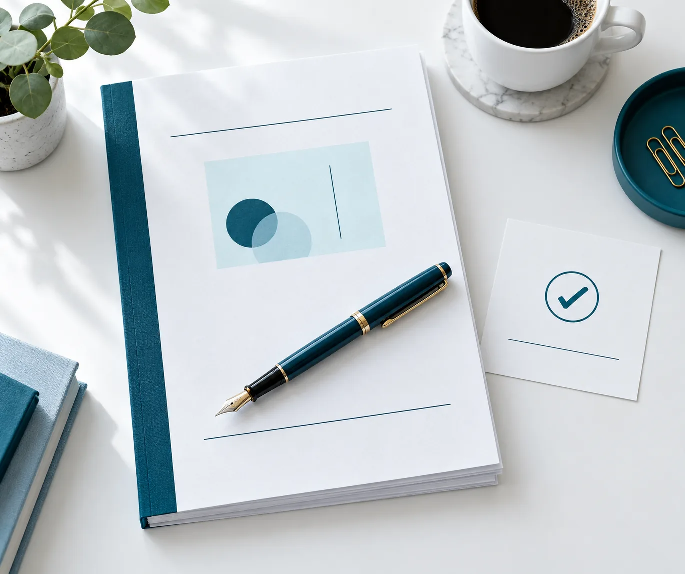 A finished document packet with a slim pen laid across the top sheet beside a small blank approval slip on a white desk.