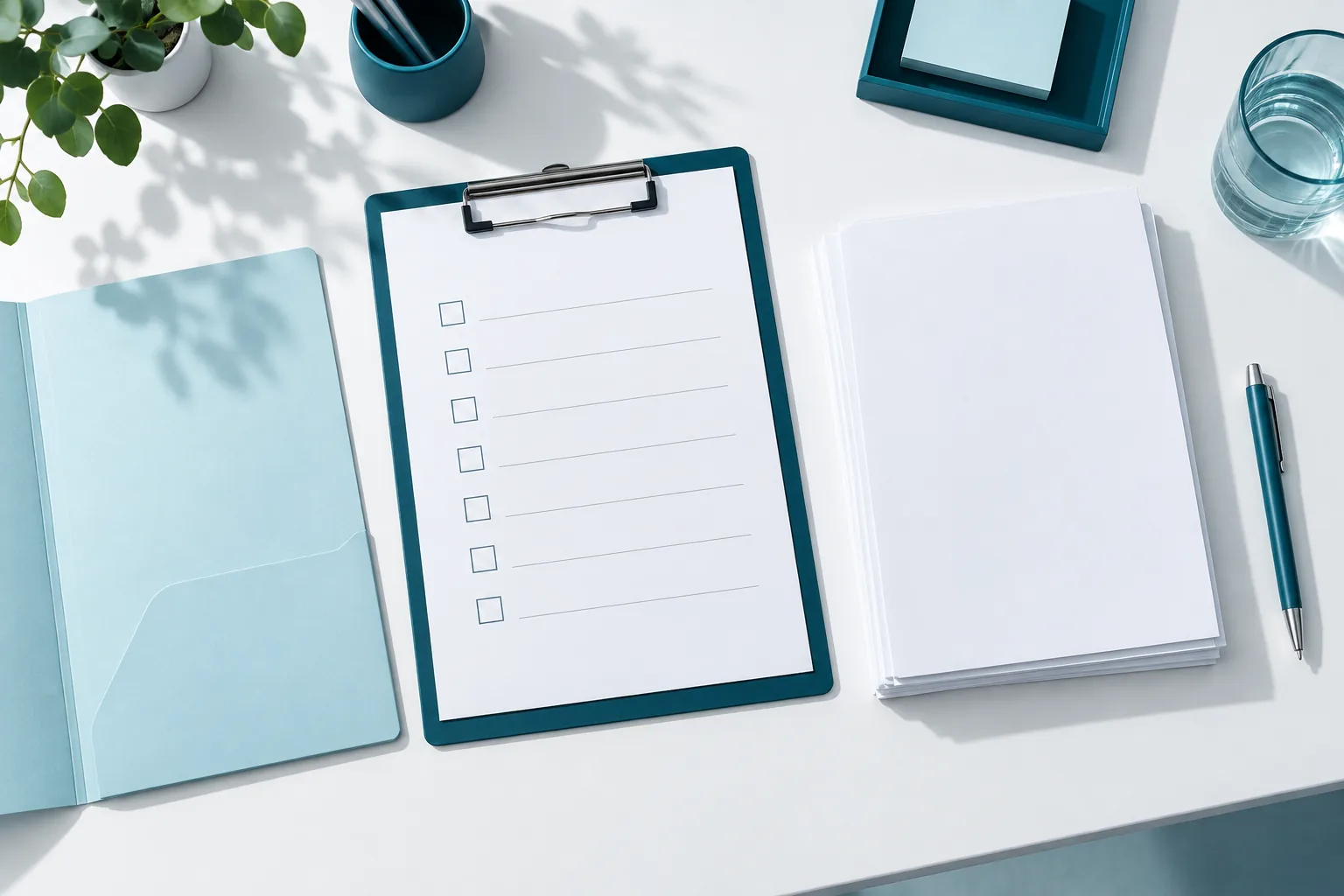 A clipboard with an empty checklist beside a stack of blank sheets and an open pale folder on a white desk.