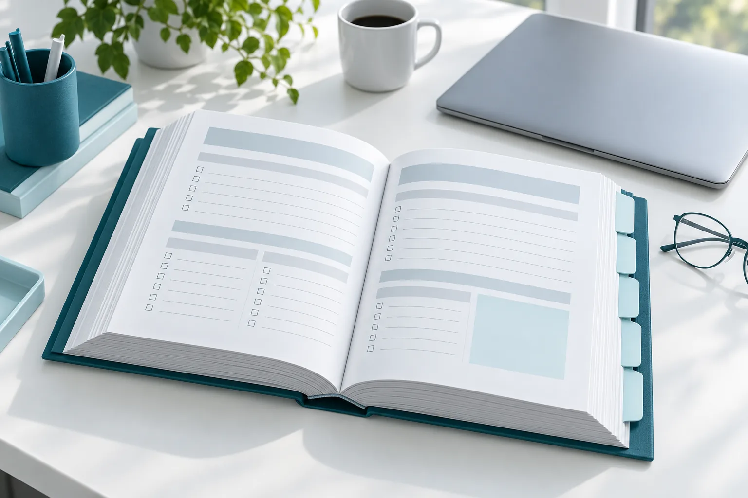 An open reference handbook with tabbed divider sections on a white desk, with glasses and a closed laptop nearby.