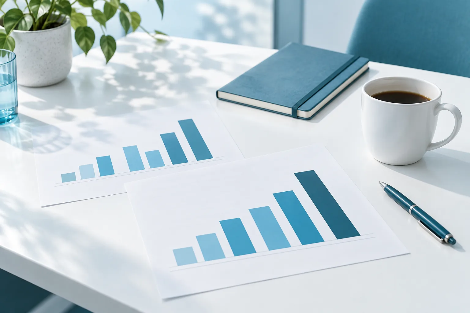 Printed charts on white sheets beside a slim notebook, a pen and a white mug on a white desk.