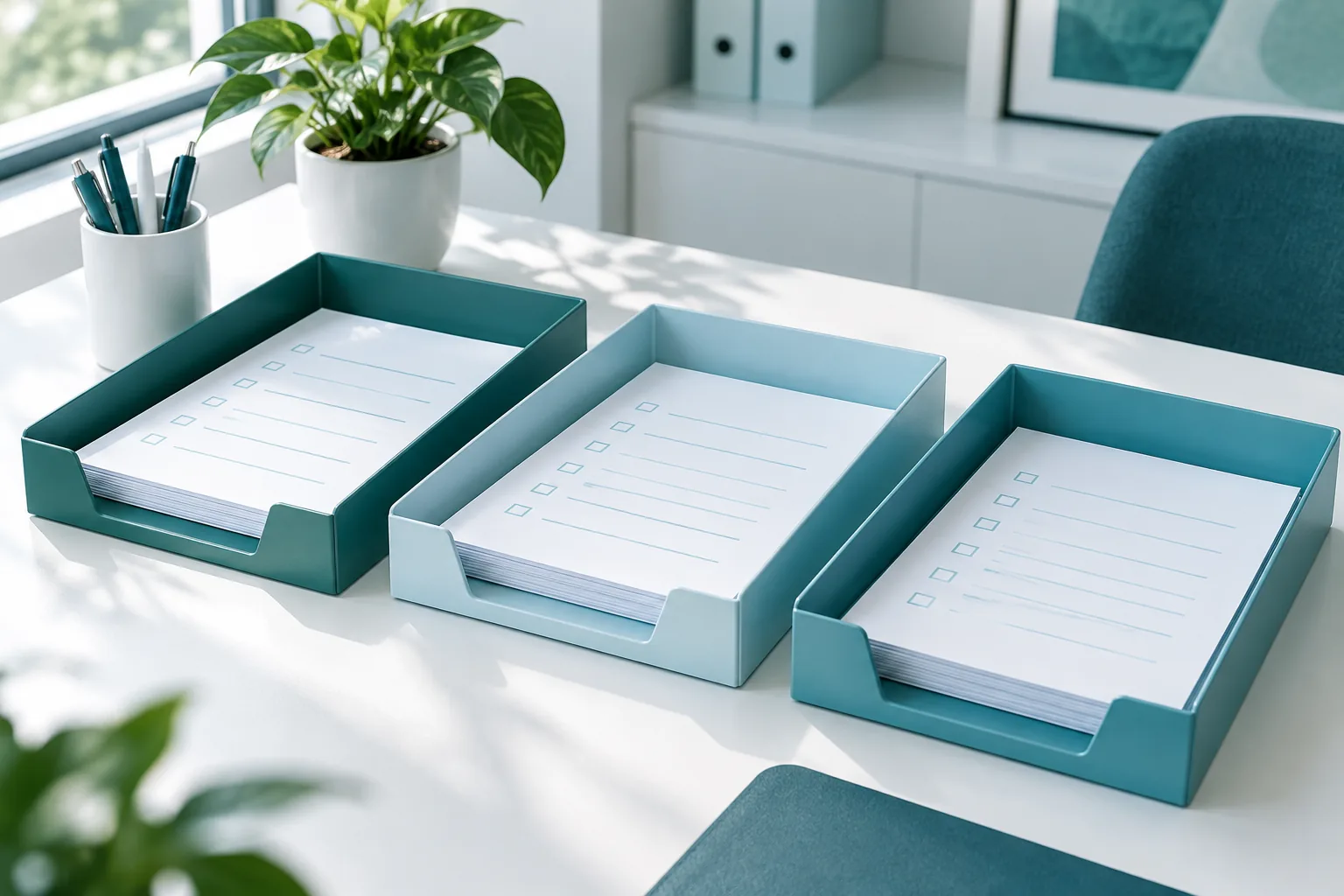 Three shallow document trays in a row, each holding a small stack of blank forms, on a white table.