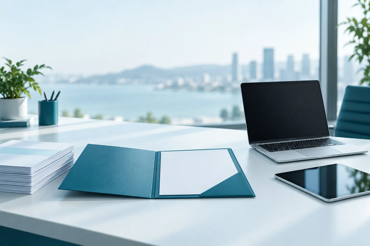A tidy white desk beside a window with an open teal document folder, a stack of printed documents, a slim laptop and a tablet.